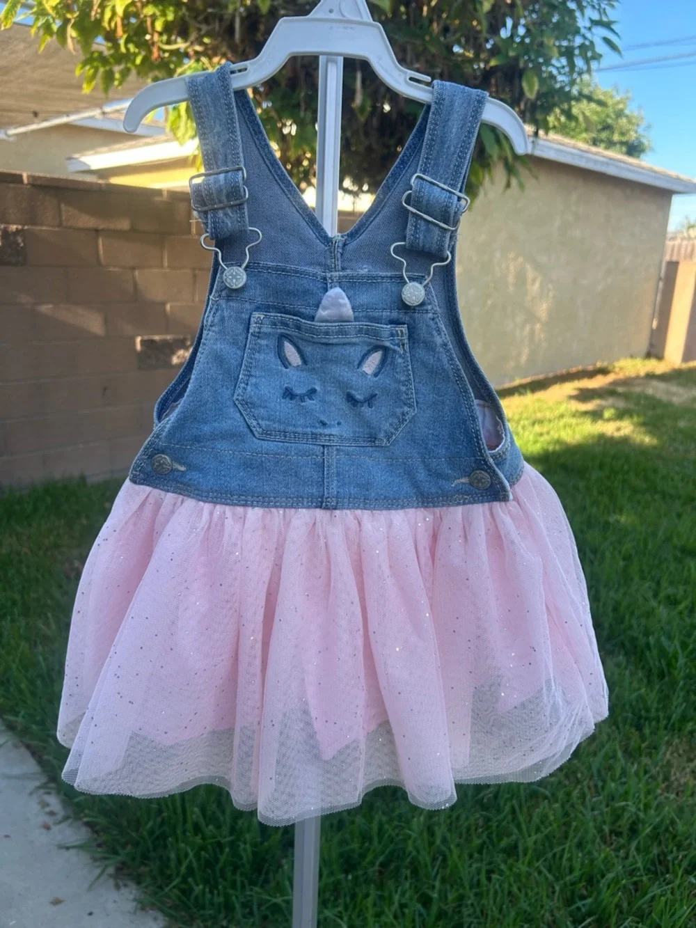 OshKosh B'gosh Blue Denim Overall Dress with Pink Tulle Skirt